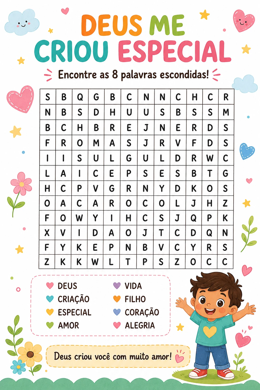 Página Deus me criou especial com caça-palavras cristão infantil