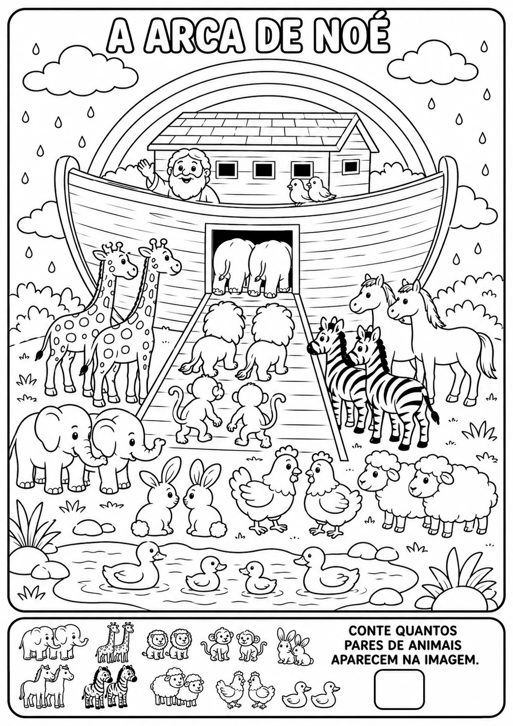 Página para colorir da Arca de Noé com animais
